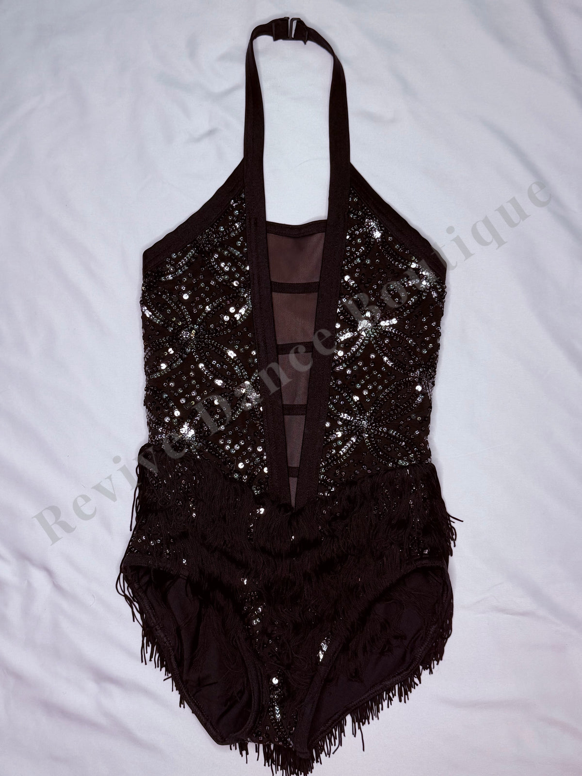 Weissman Sequin Fringe Halter Unitard – Black – CM