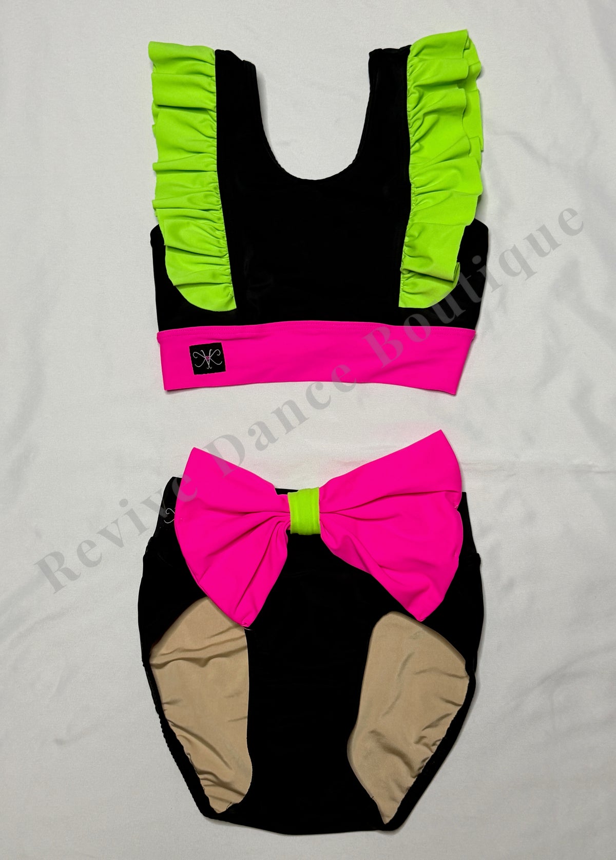Kandi Kouture Ruffle & Bow Two-Piece Dance Set – Black/Neon Pink/Green – CL