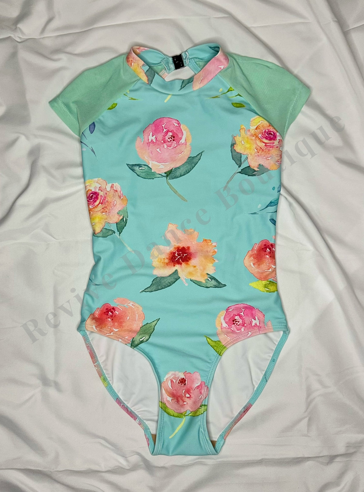 Chic Ballet by Oh La La Floral Open-Back Leotard – Aqua Floral – Child Large (CL)