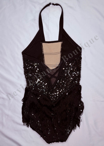 Weissman Sequin Fringe Halter Unitard – Black – CM