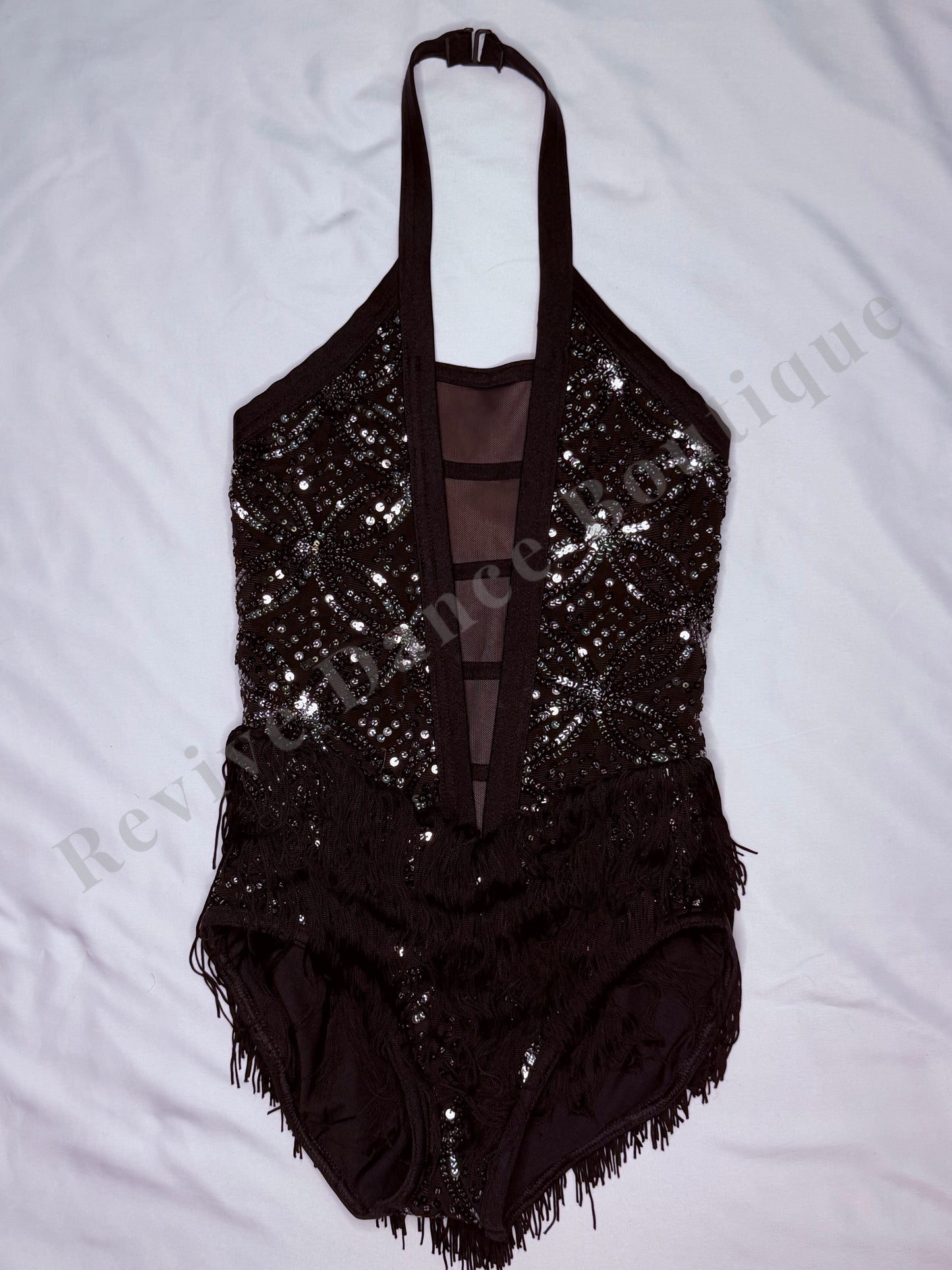 Weissman Sequin Fringe Halter Unitard – Black – CM