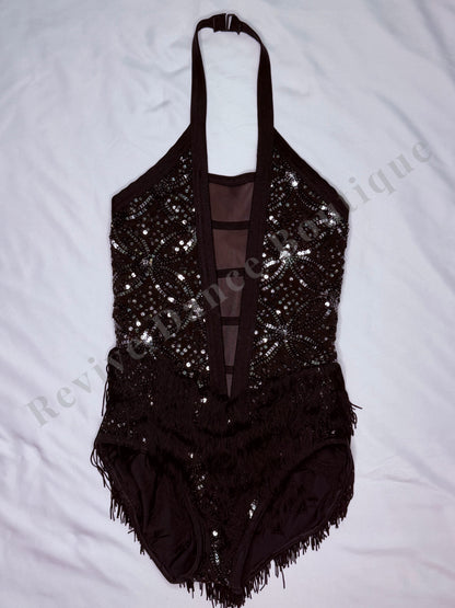 Weissman Sequin Fringe Halter Unitard – Black – CM