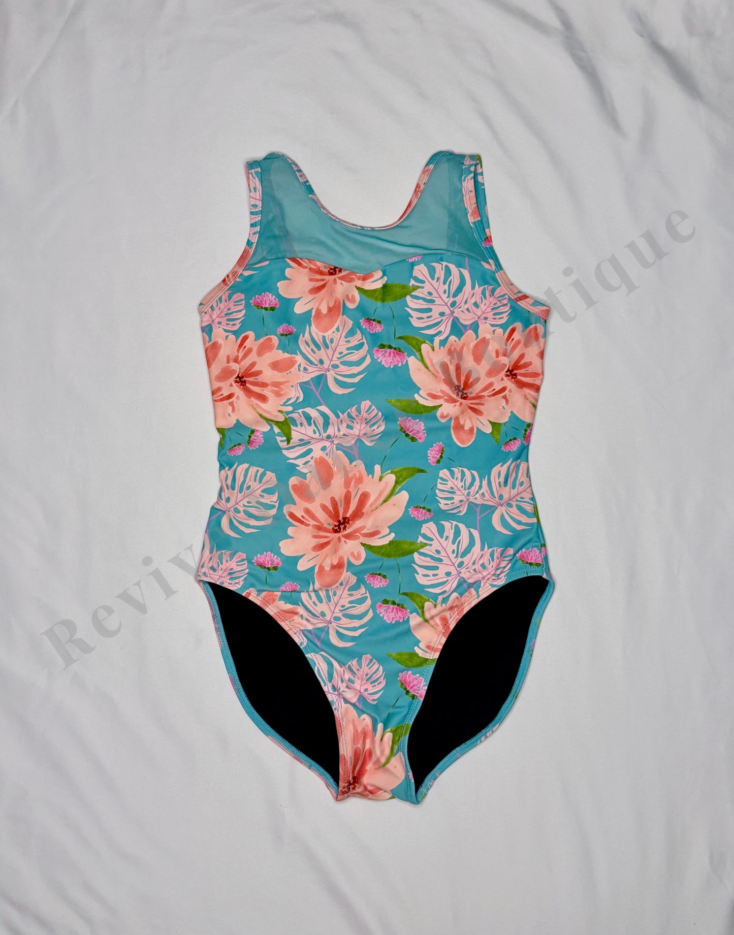 Oh La La Floral Strappy-Back Leotard – Aqua/Pink – CXL
