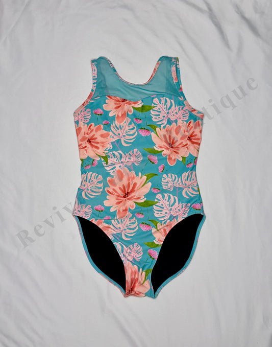 Oh La La Floral Strappy-Back Leotard – Aqua/Pink – CXL