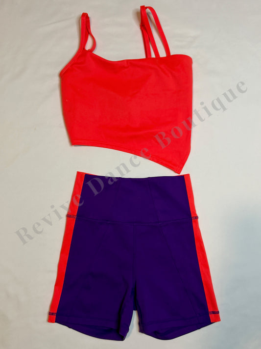 Jo+Jax Asymmetrical Top & Colorblock Shorts Set – Coral/Purple – AXS