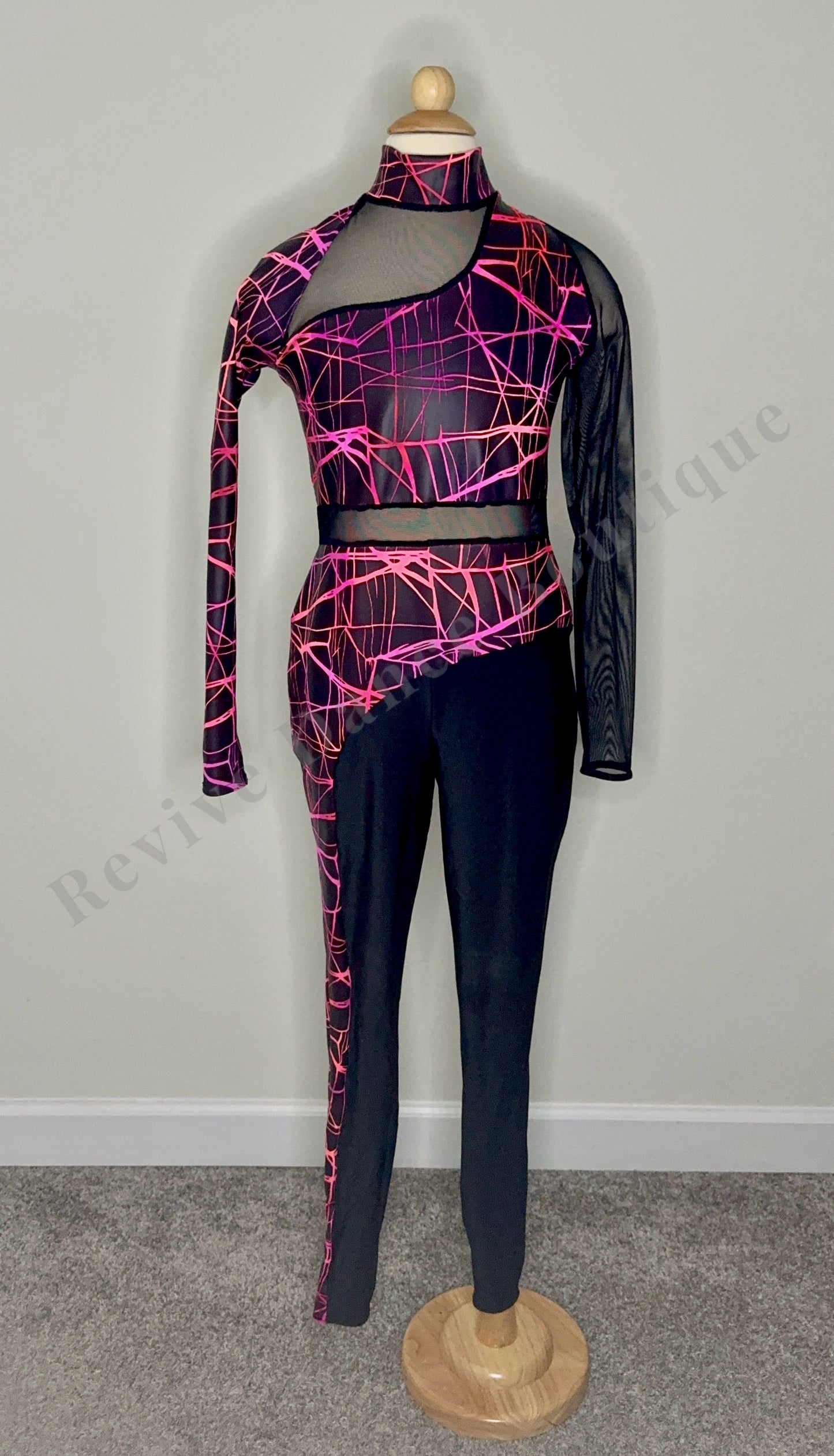 A Wish Come True Asymmetrical Mesh Unitard – Black/Neon Pink – Child XL (CXL)