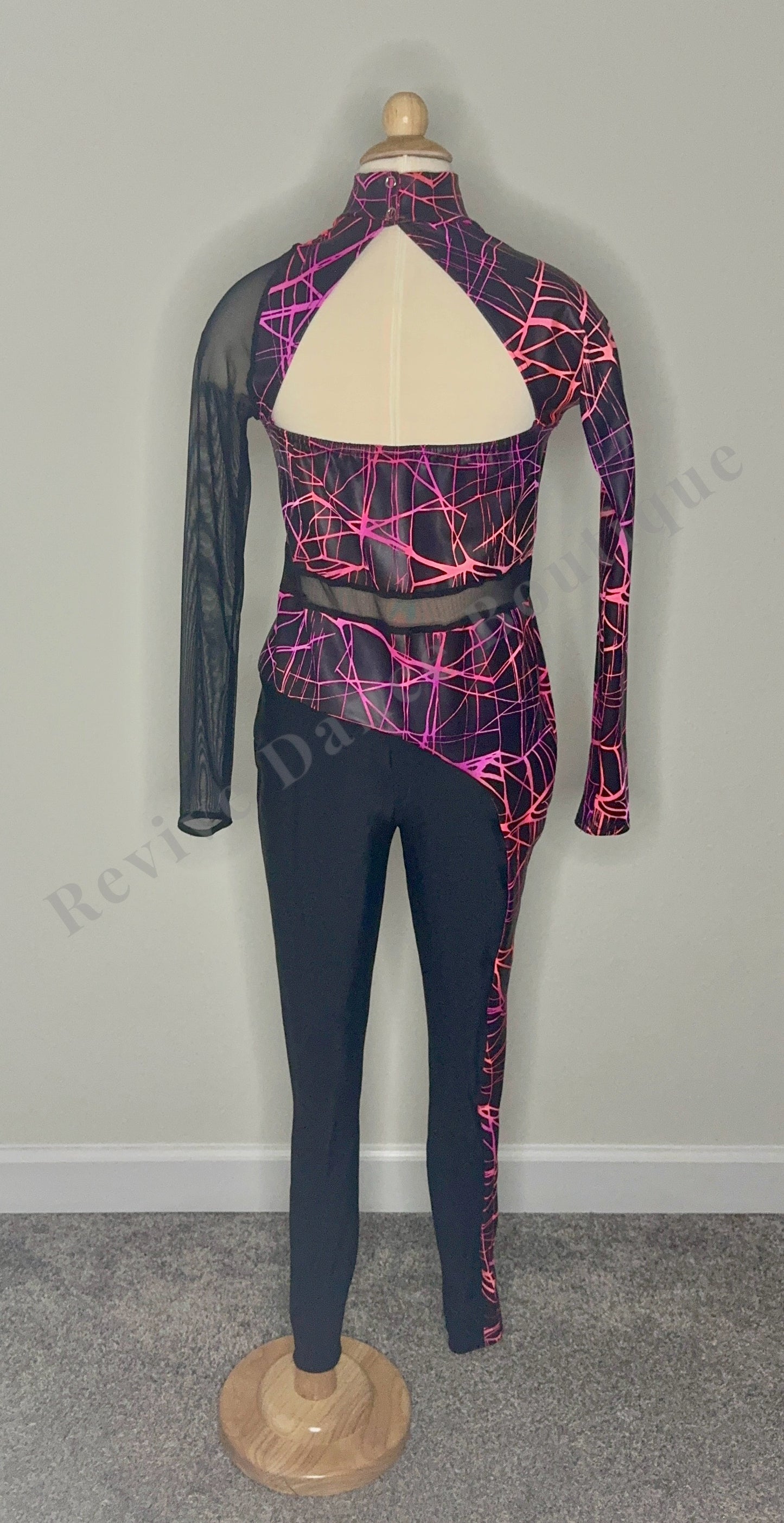 A Wish Come True Asymmetrical Mesh Unitard – Black/Neon Pink – Child XL (CXL)