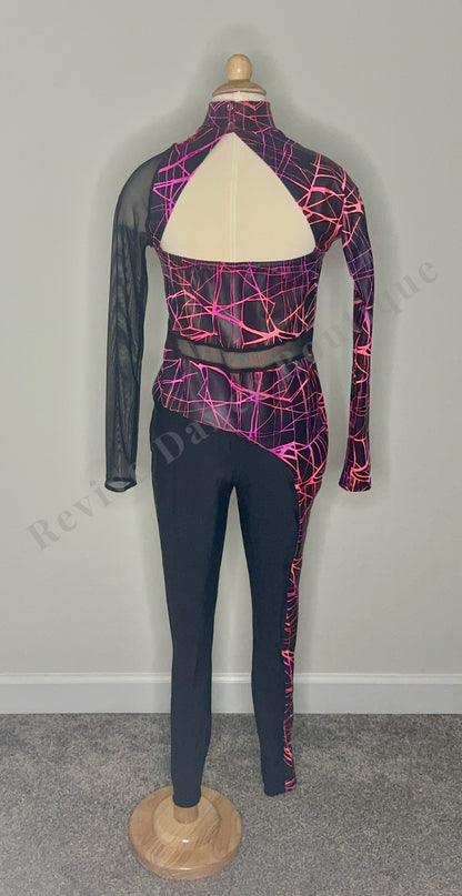 A Wish Come True Asymmetrical Mesh Unitard – Black/Neon Pink – Child XL (CXL)