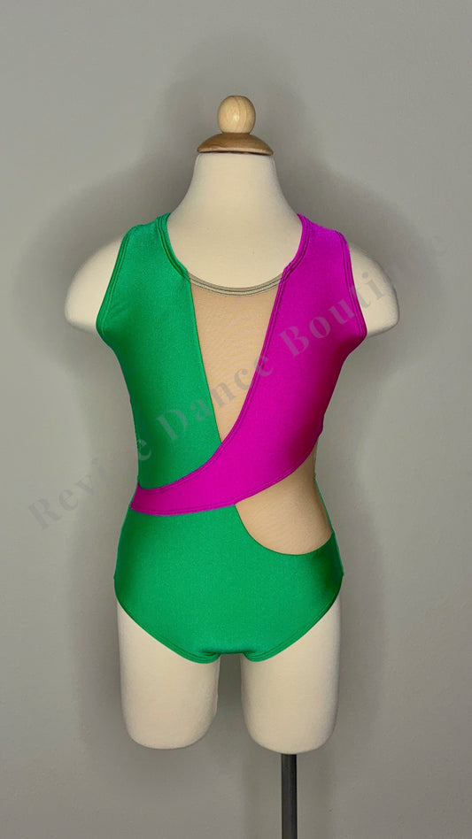 AA Dance Costumes Colorblock Cutout Leotard – Green & Fucia – Adult Small (AS)