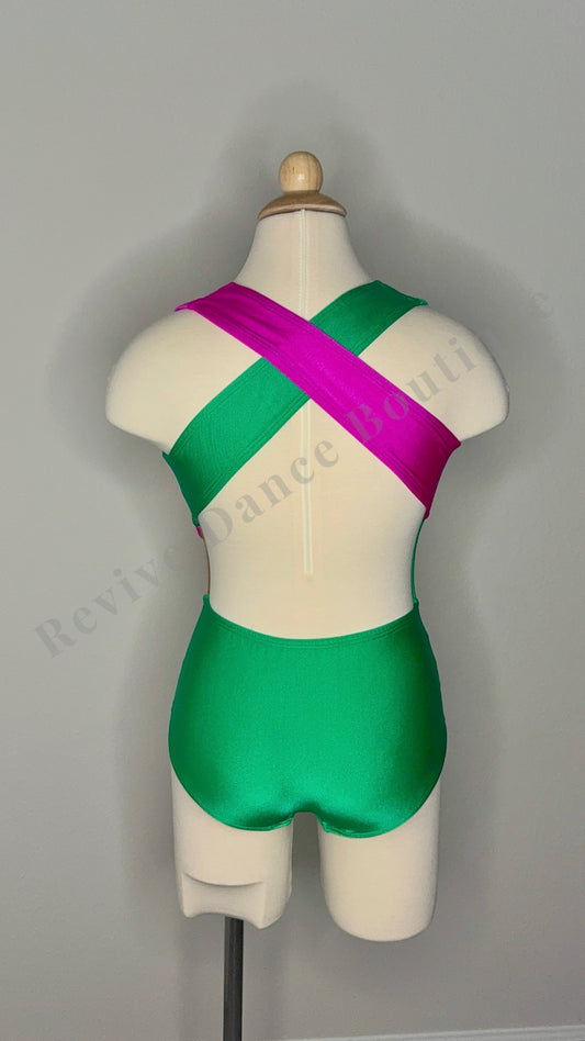 AA Dance Costumes Colorblock Cutout Leotard – Green & Fucia – Adult Small (AS)