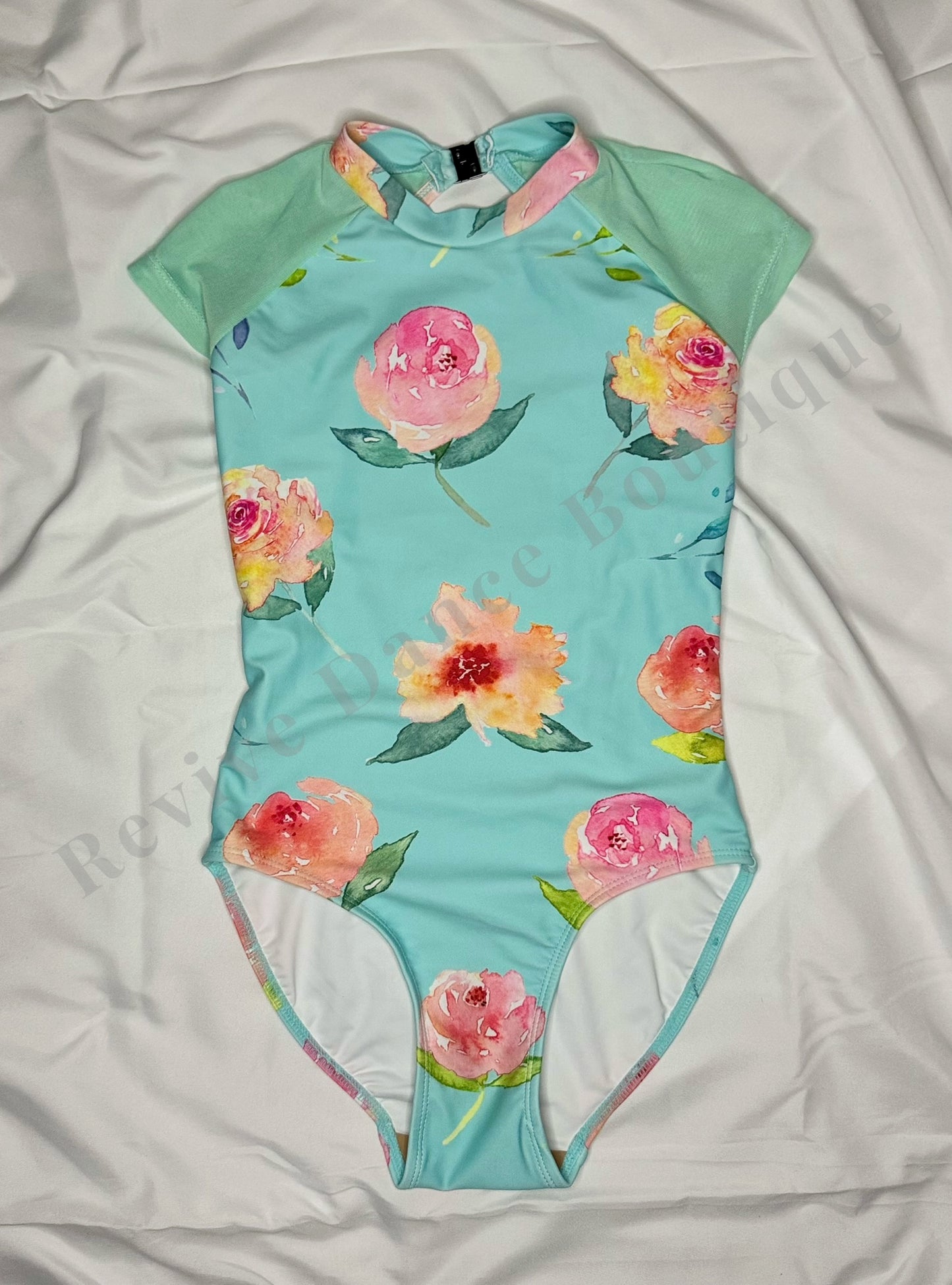 Chic Ballet by Oh La La Floral Open-Back Leotard – Aqua Floral – Child Large (CL)
