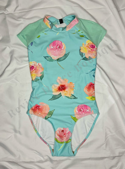 Chic Ballet by Oh La La Floral Open-Back Leotard – Aqua Floral – Child Large (CL)