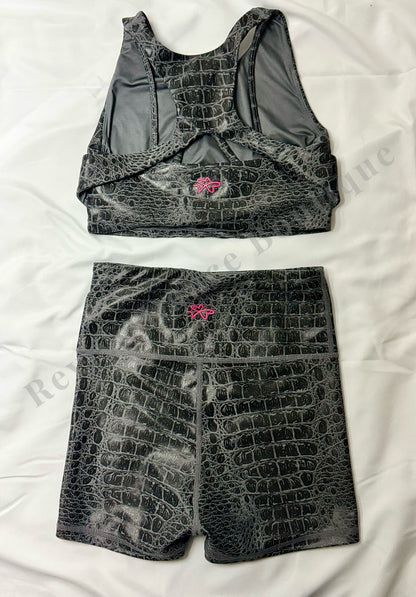 Dragon Wing Croc Texture Crop Top & Shorts Set –Gray & Black – Adult Small (AS)